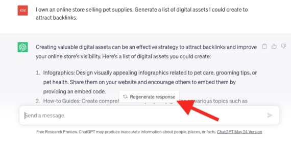 Capture d'écran du bouton "Régénérer la réponse" sur la réponse partielle de ChatGPT à l'invite "Je suis propriétaire d'une boutique en ligne vendant des fournitures pour animaux de compagnie.  Générez une liste d'actifs numériques que je pourrais créer pour attirer des backlinks."